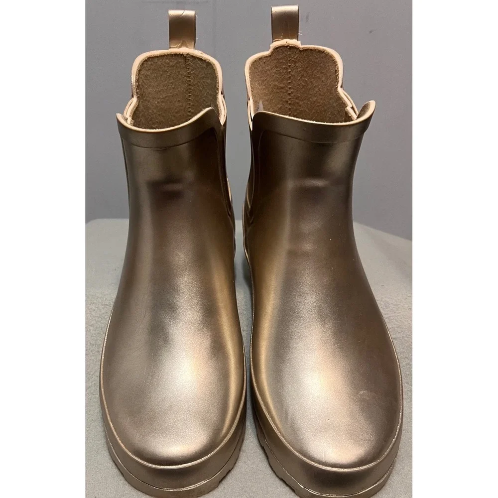 London Fog Womens Wembley Champagne Gold Rain Boots Ankle Rubber Waterproof Sz 8